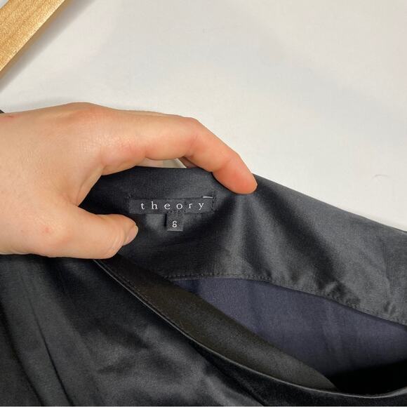 THEORY Sleeveless One Shoulder Mini Dress in Black Satin - Picture 3 of 8